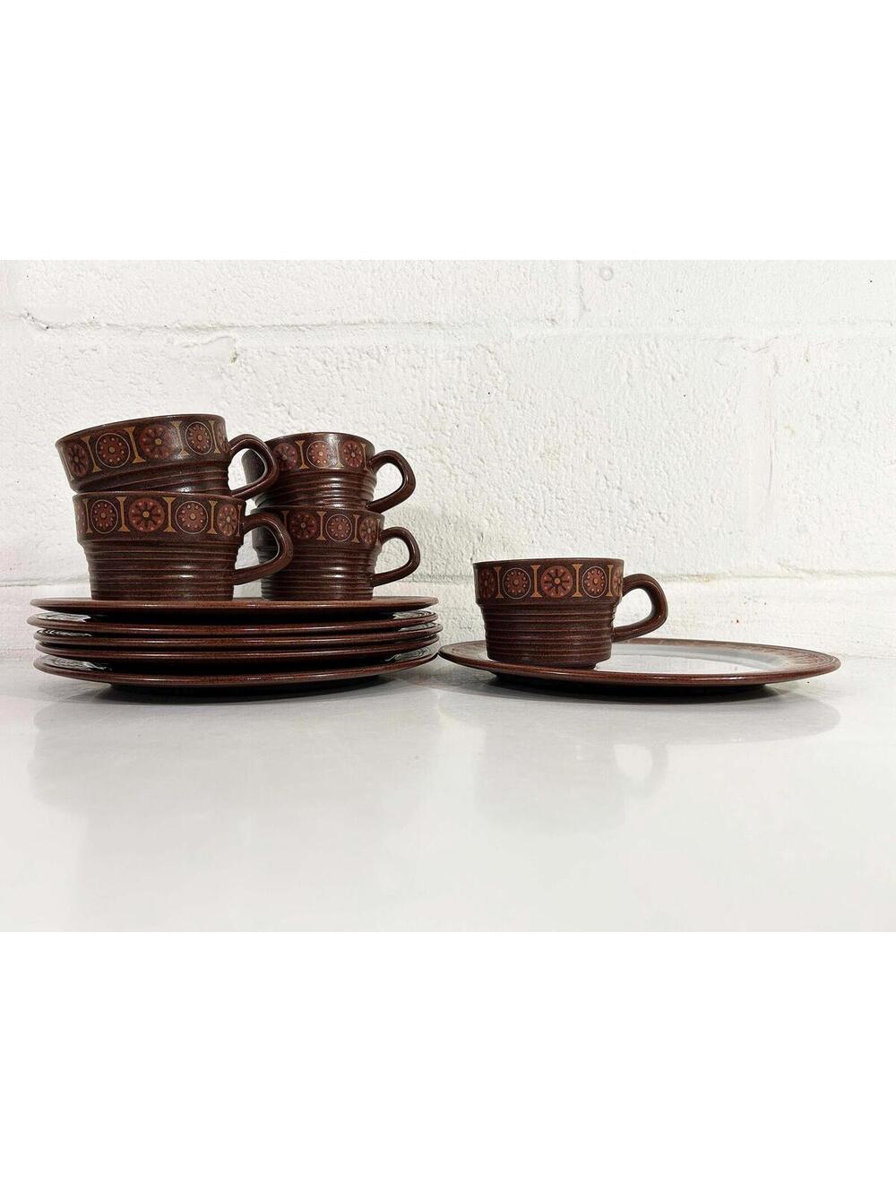 Vintage Brown Mod Snack Set Cups and Plates 1970s Japan